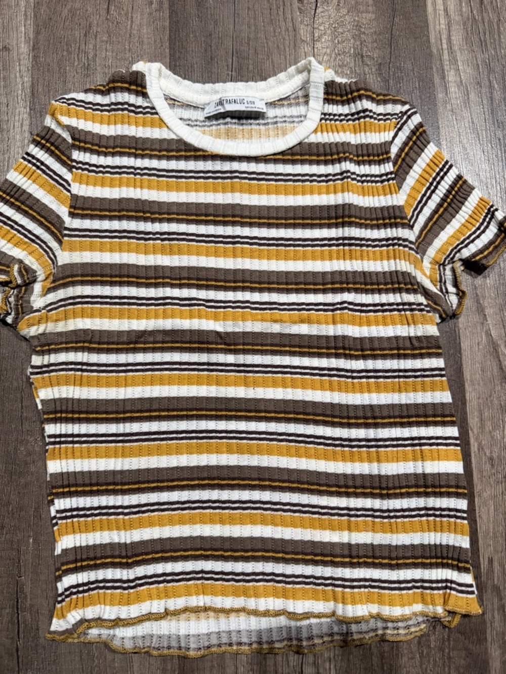 Zara Trafaluc Ribbed Stripe Tee in Mustard, Brown & White